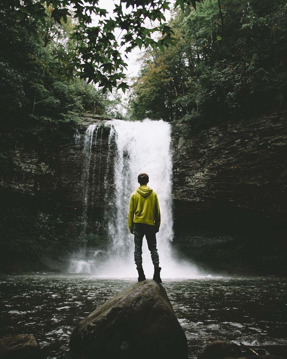 rising fawn man standing on rock looking at waterfalls united states